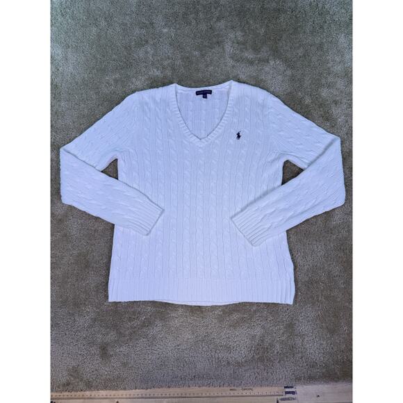 Ralph Lauren Womens Cable Knit Sweater Size XL White Preppy Old Money E226 - Picture 1 of 7